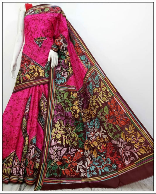 Multi Colored Hand Embroidery Kantha Stitch Saree