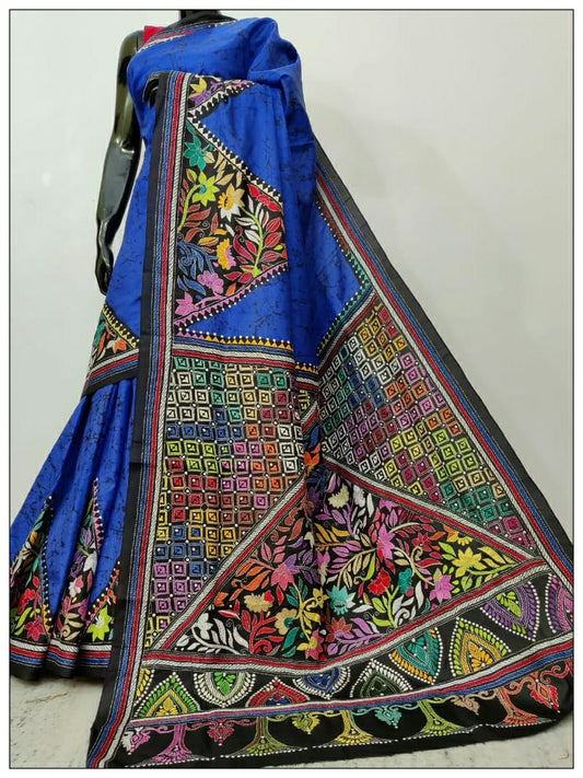 Multi Colored Hand Embroidery Kantha Stitch Saree