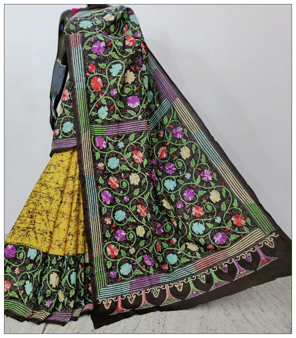 Multi Colored Hand Embroidery Kantha Stitch Saree