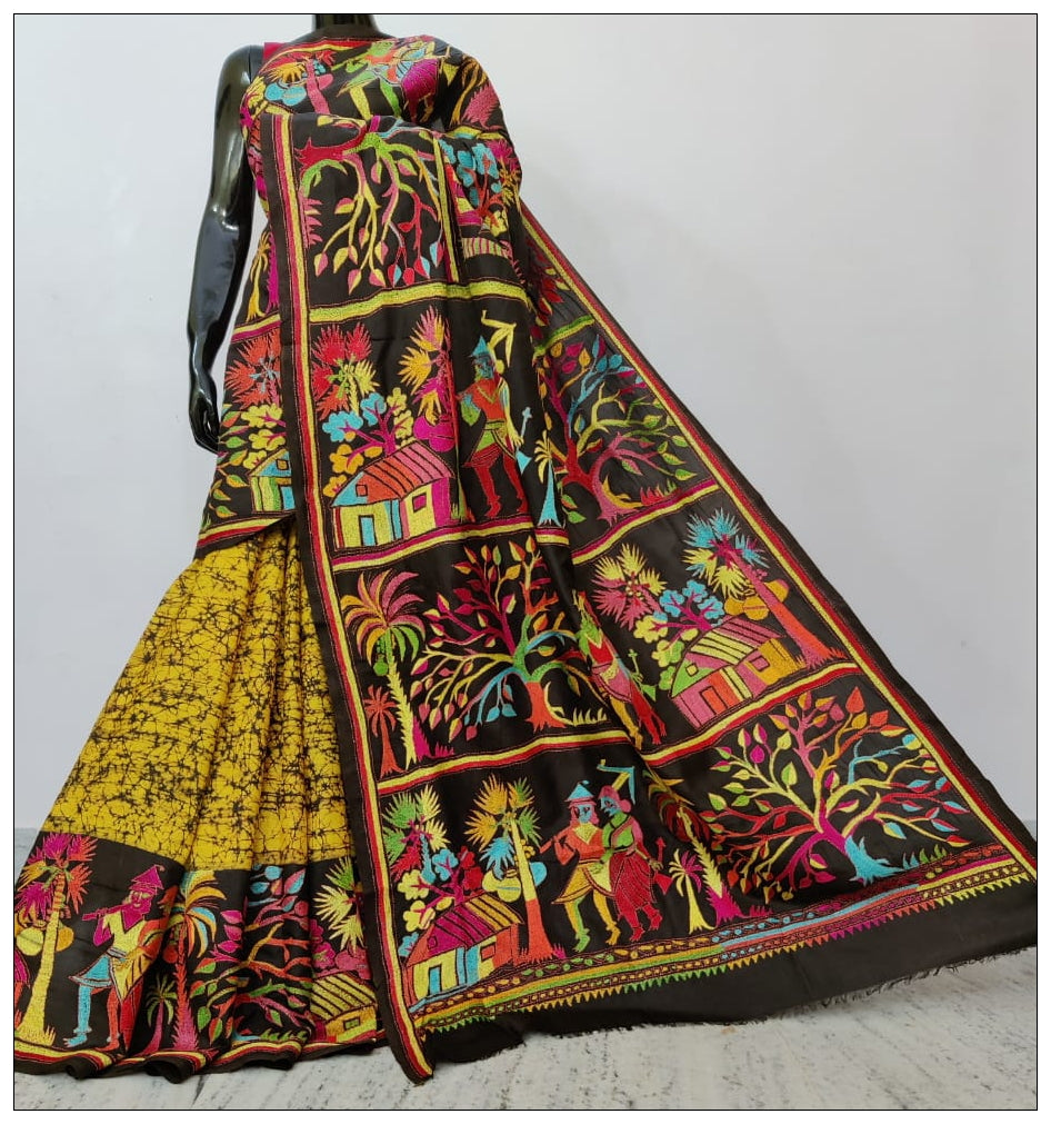 Multi Colored Hand Embroidery Kantha Stitch Saree