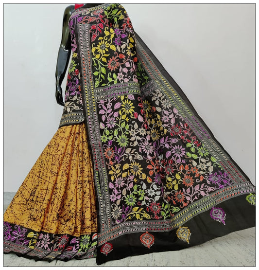 Multi Colored Hand Embroidery Batik Hand Painted Kantha Stitch Saree