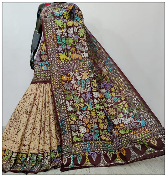 Multi Colored Hand Embroidery Kantha Stitch Saree