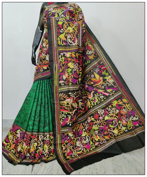 Multi Colored Hand Embroidery Kantha Stitch Saree