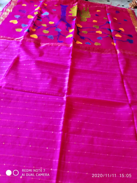 Viscous Khadi Rani Pink Silk Sarees  with Silk Mark Certified Muslin Pallu