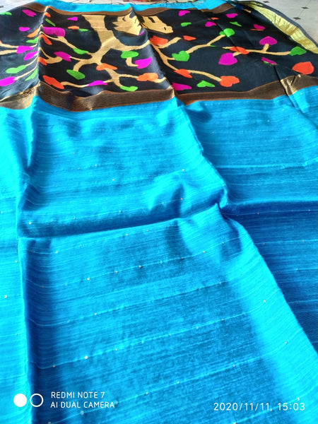 Viscous Khadi Ocean Blue Silk Sarees  with Dark Blue Silk Mark Certified Muslin Pallu