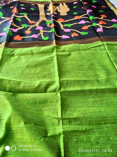 Viscous Khadi Parakeet Green Silk Sarees  with Black Silk Mark Certified Muslin Pallu
