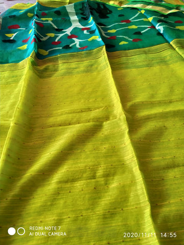 Viscous Khadi Lime Green Silk Sarees  with Teal Green Silk Mark Certified Muslin Pallu
