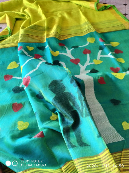 Viscous Khadi Lime Green Silk Sarees  with Turquoise Green Silk Mark Certified Muslin Pallu