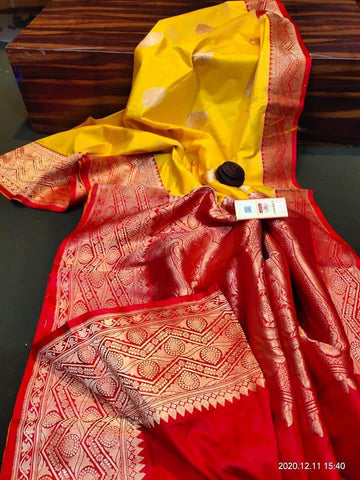 Yellow & Red Banarasi Katan Silk Get Extra 10% Discount on All Prepaid Transaction