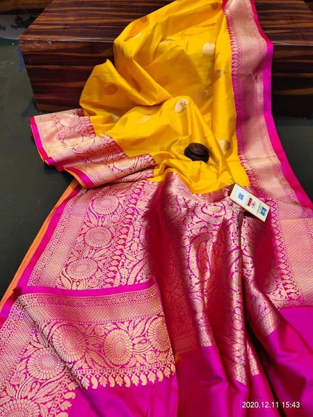 Yellow & Rani Pink Banarasi Katan Silk