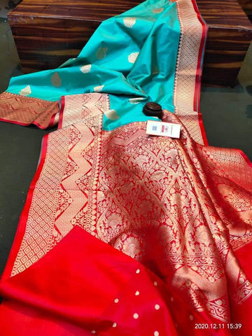 Teal Green & Red Banarasi Katan Silk