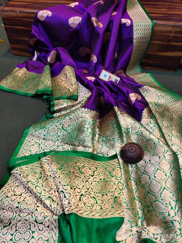 Purple & Green Banarasi Katan Silk