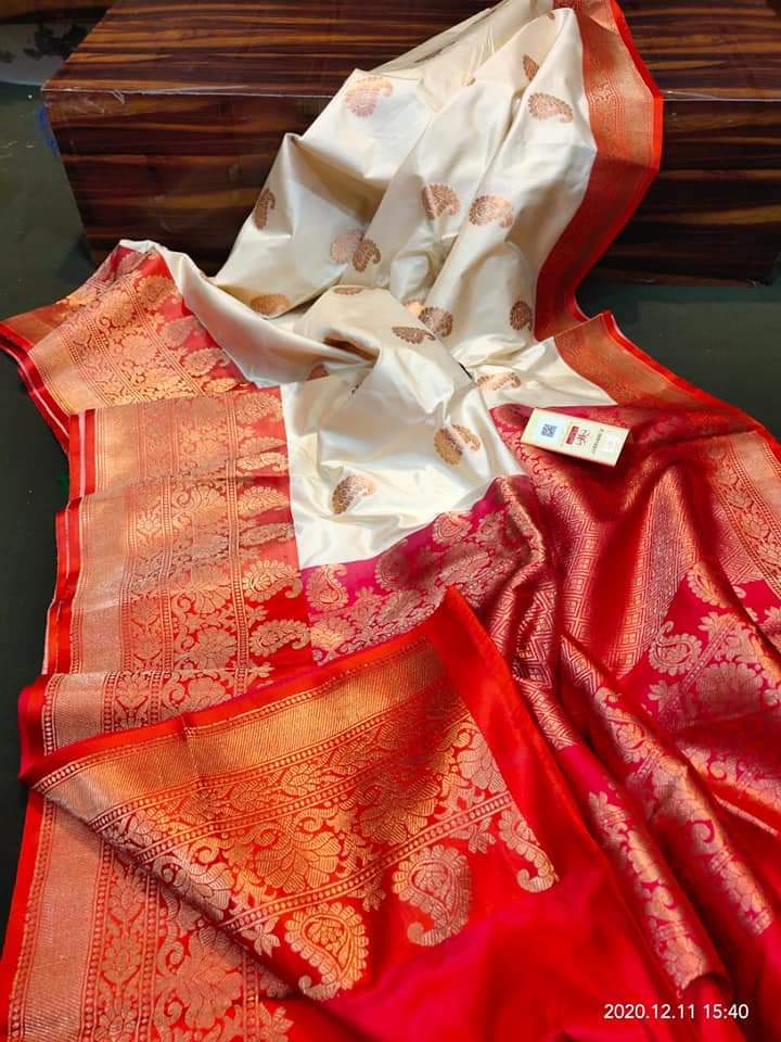 WHITE AND RED KADHIYAL KATAN SILK BANARASI HANDLOOM SAREE | Handloom Pure Silk  Banarasi sarees, elegant dupatta, handwoven lehanga and suits