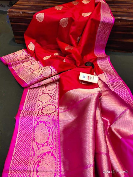 Red & Pink Ban seearasi Katan Silk