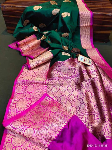 Green & Pink Banarasi Katan Silk