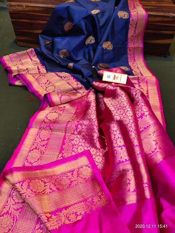 Blue & Pink Banarasi Katan Silk