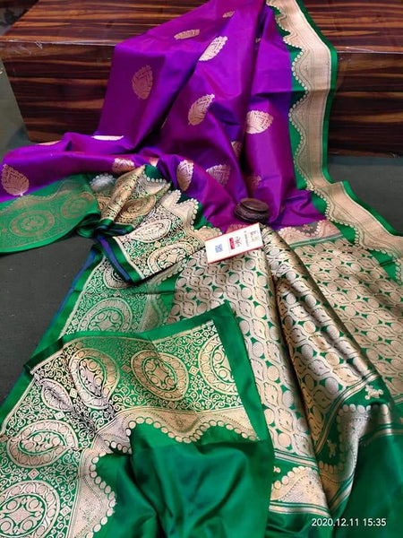 Purple & Green Banarasi Katan Silk