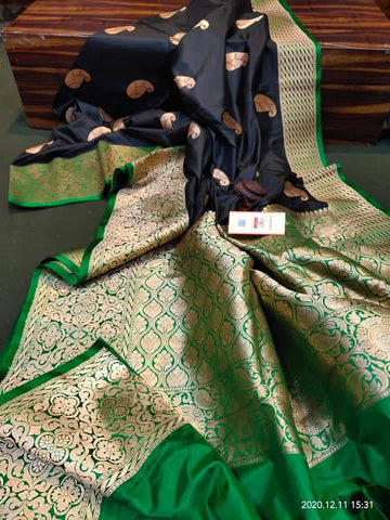Black & Green Banarasi Katan Silk Get Extra 10% Discount on All Prepaid Transaction