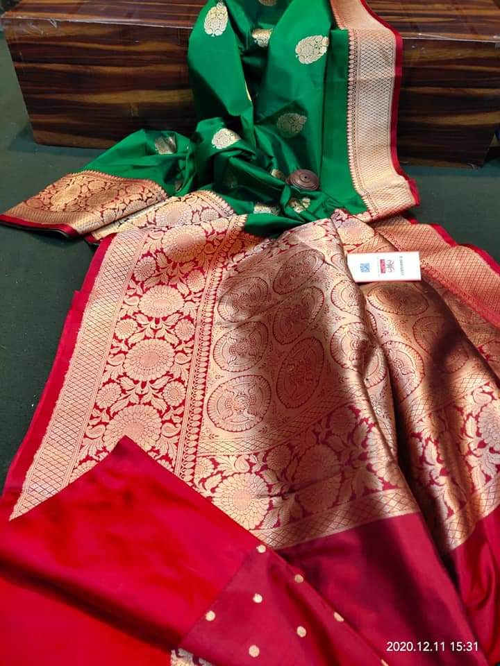 Green & Red Banarasi Katan Silk Get Extra 10% Discount on All Prepaid Transaction