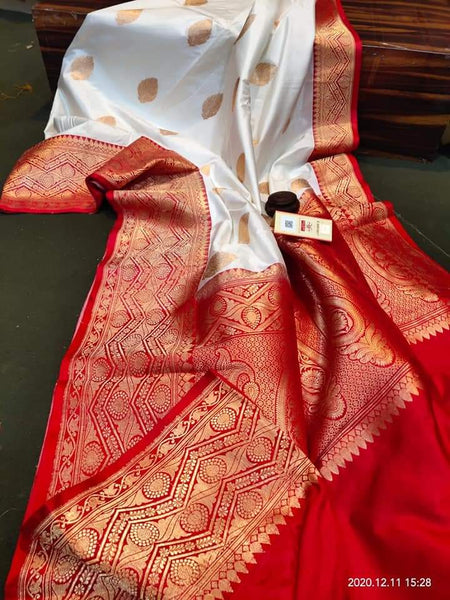 White & Red Katan Banarasi Silk