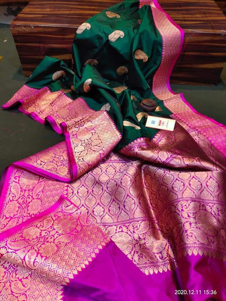 Pine Green & Rani Pink Katan Banarasi Silk