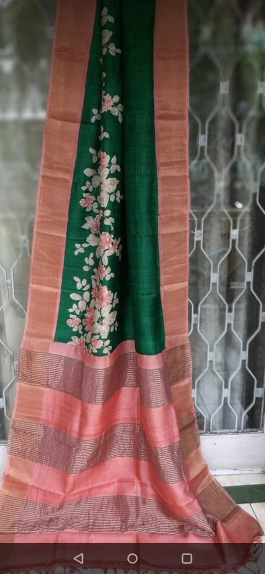 Green Hand Painted Zari Border Pure Silk Mark Certified Tussar Silk Sarees