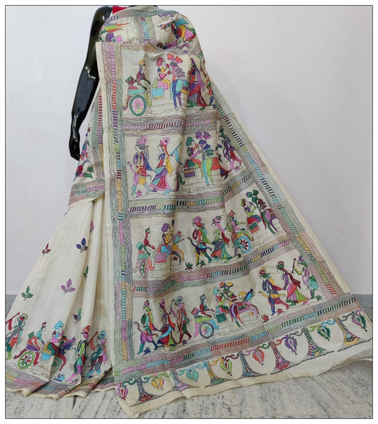 White Hand Embroidery Kantha Stitch Saree