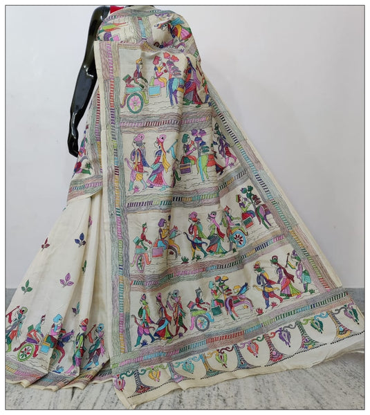 White Hand Embroidery Kantha Stitch Saree