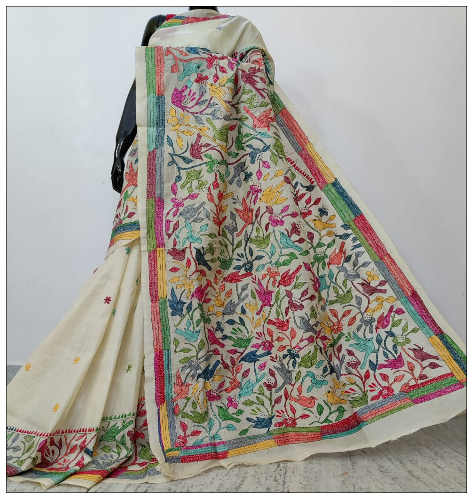 White Hand Embroidery Kantha Stitch Saree