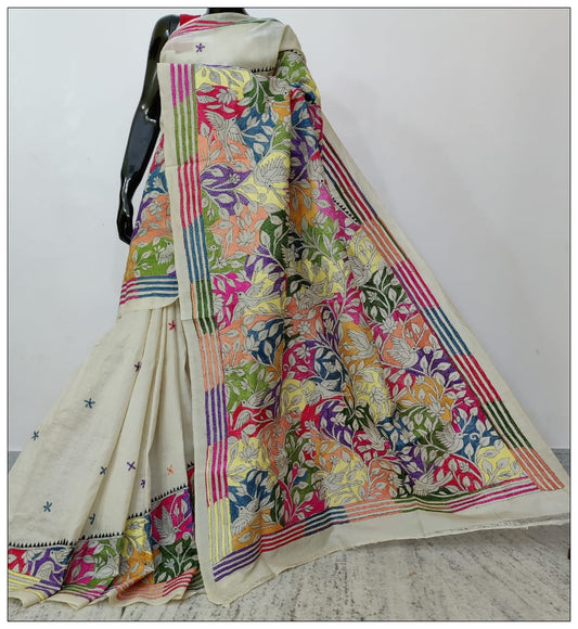 White Hand Embroidery Kantha Stitch Saree