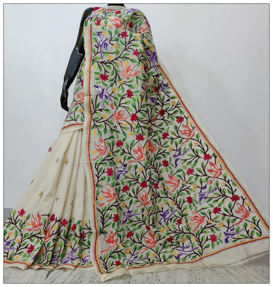 White Hand Embroidery Kantha Stitch Saree