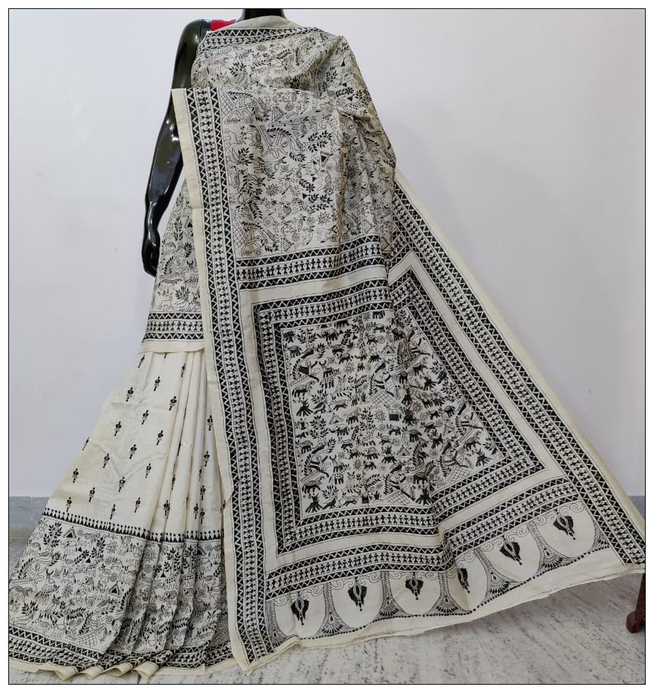 White Hand Embroidery  Kantha Stitch Saree Get Extra 10% Discount on All Prepaid Transaction