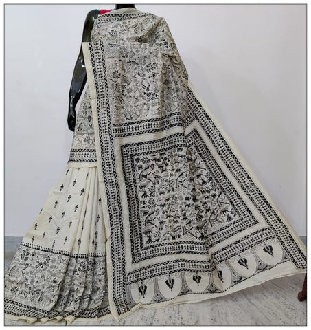 White Hand Embroidery  Kantha Stitch Saree