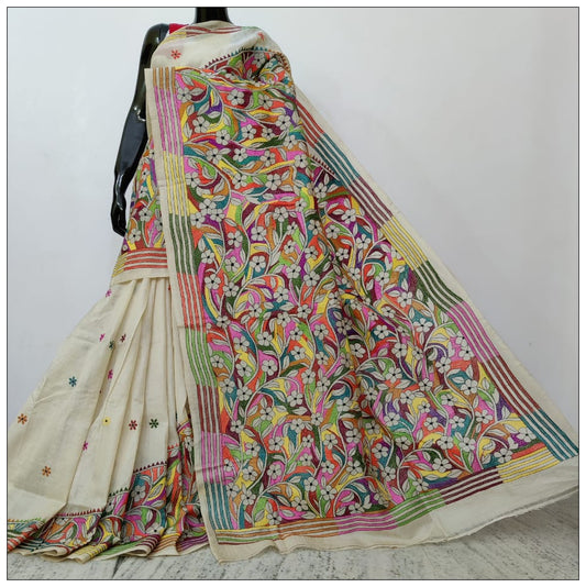 Cream Hand Embroidery Kantha Stitch Saree