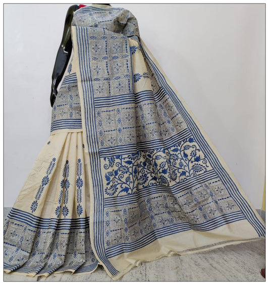 Cream Hand Embroidery  Kantha Stitch Saree