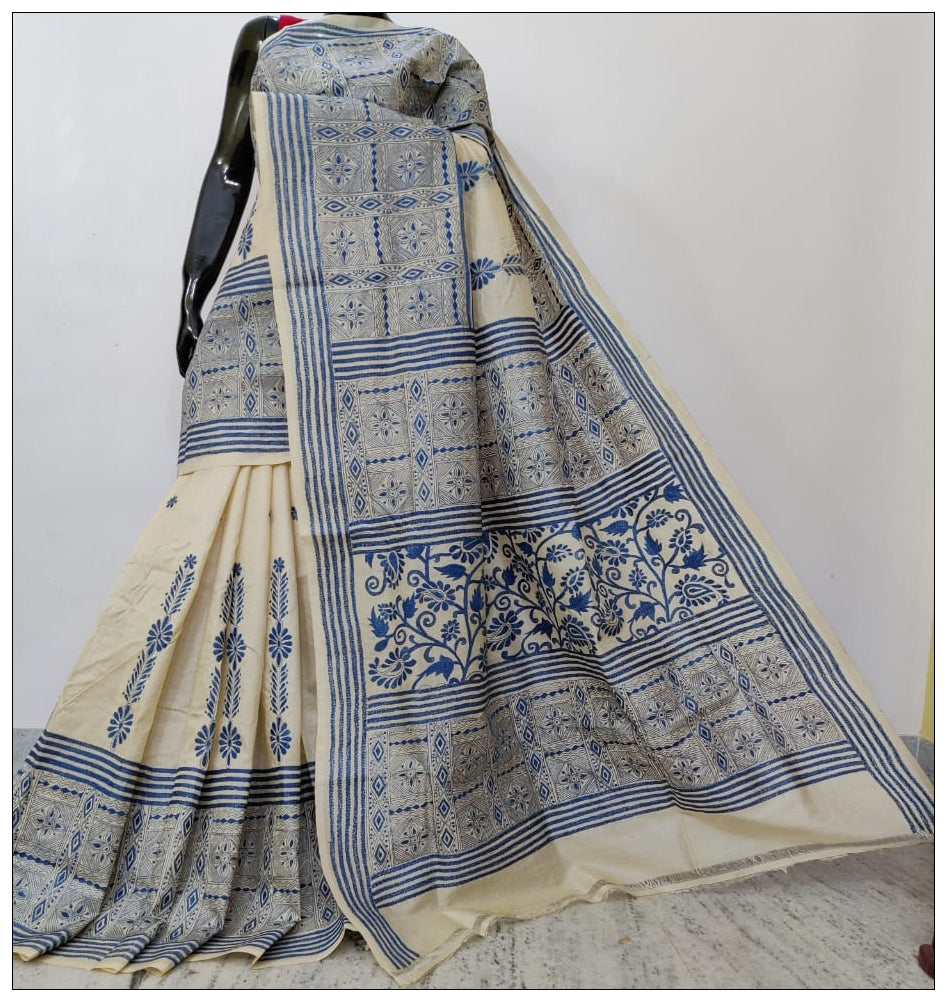Cream Hand Embroidery  Kantha Stitch Saree Get Extra 10% Discount on All Prepaid Transaction