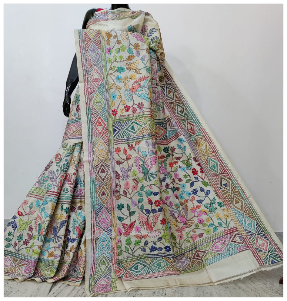 Multi Hand Embroidery Kantha Stitch Saree