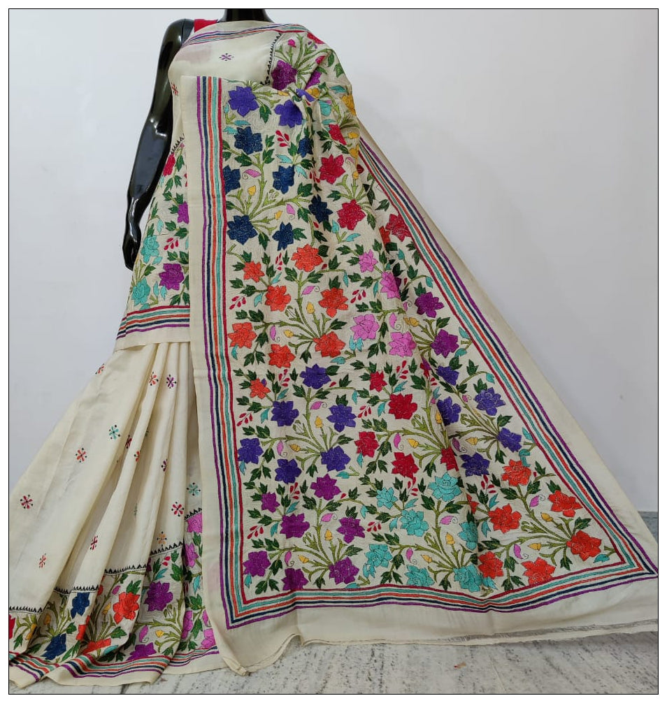 Cream Hand Embroidery Kantha Stitch Saree