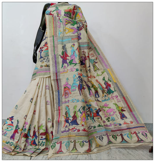 Cream Hand Embroidery  Kantha Stitch Saree