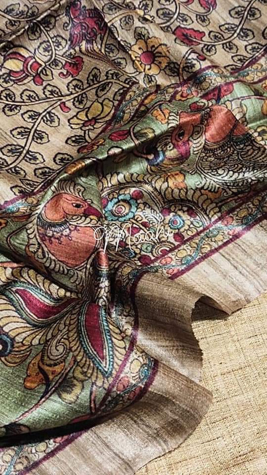 Beige Madhubani Handpaint Pure Silk Mark Certified Tussar Ghicha Silk Sarees