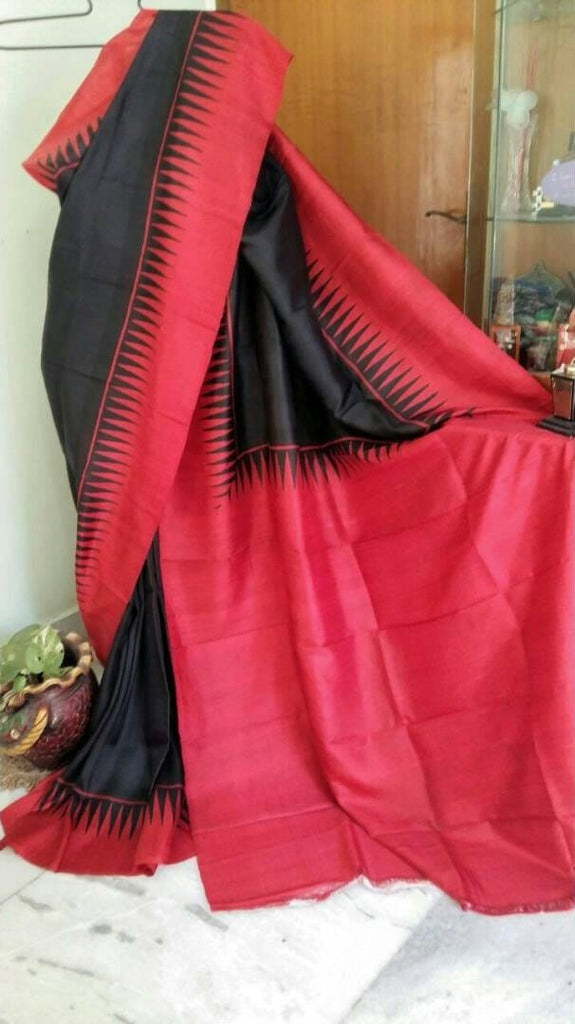 Black Red Block Printed Pure Silk Mark Certified Bishnupuri Silk Sarees
