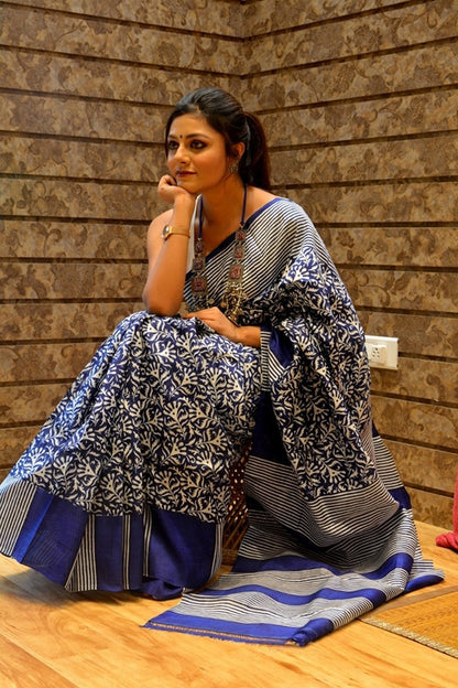 Blue Block Printed Pure Silk Mark Certified Bishnupuri Silk Sarees