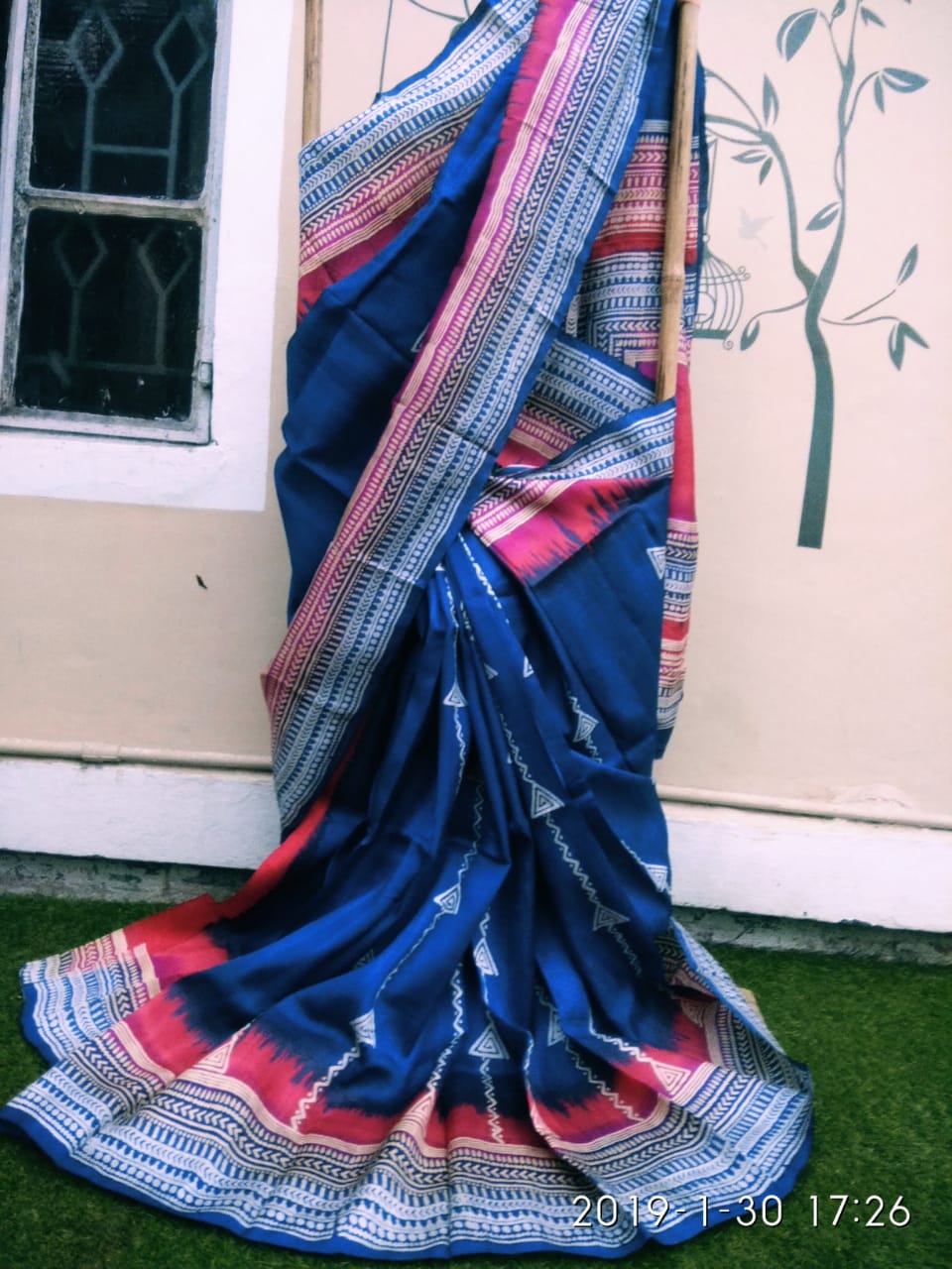 Blue Block Printed Pure Silk Mark Certified Bishnupuri Silk Sarees