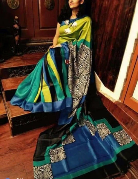 Green Lemon Block Printed Pure Silk Mark Certified Bishnupuri Silk Sarees