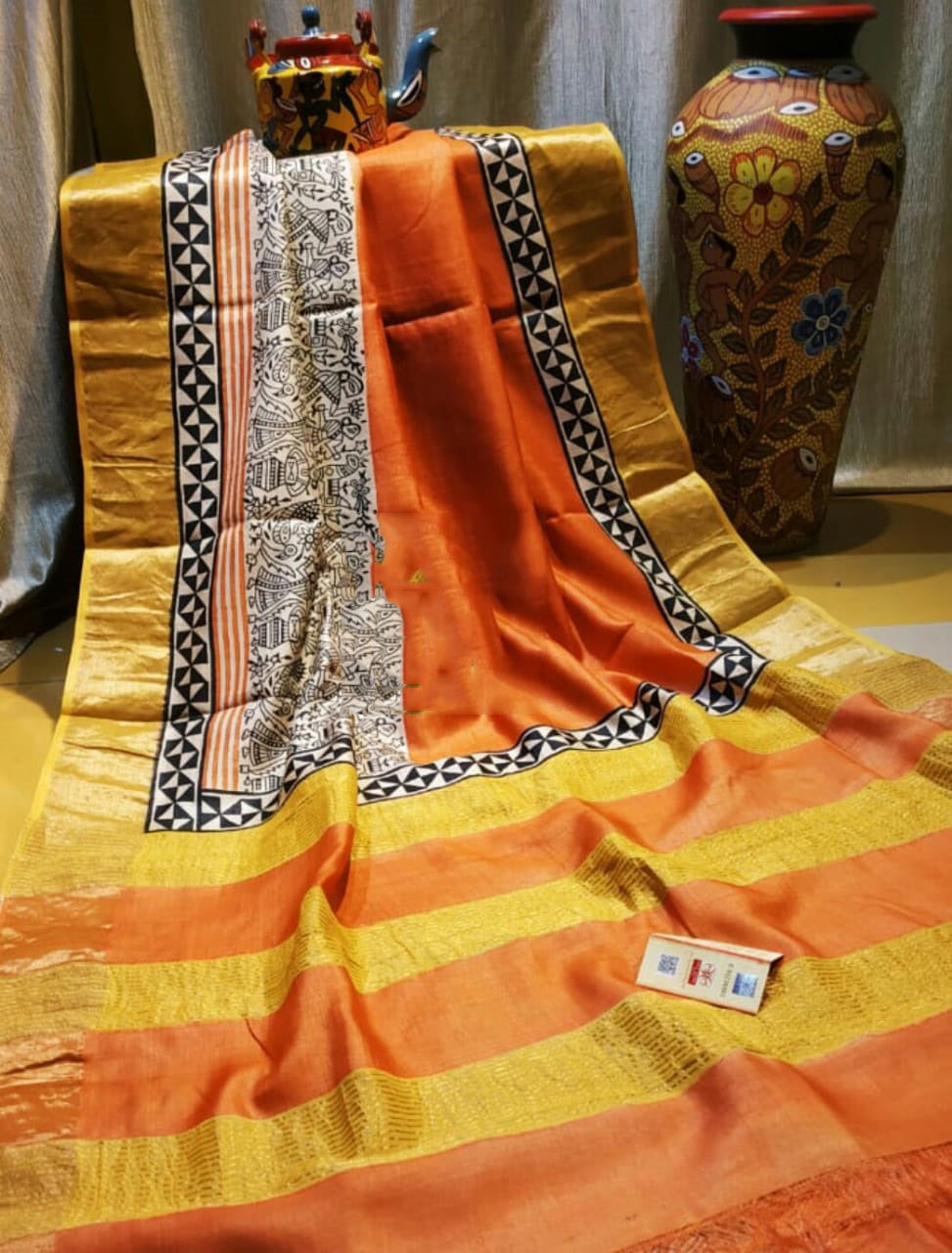 Orange Yellow Block Printed Zari Border Pure Silk Mark Certified Tussar Silk Sarees