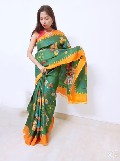 Green Hand Printed Zari Border Pure Silk Mark Certified Tussar Silk Sarees