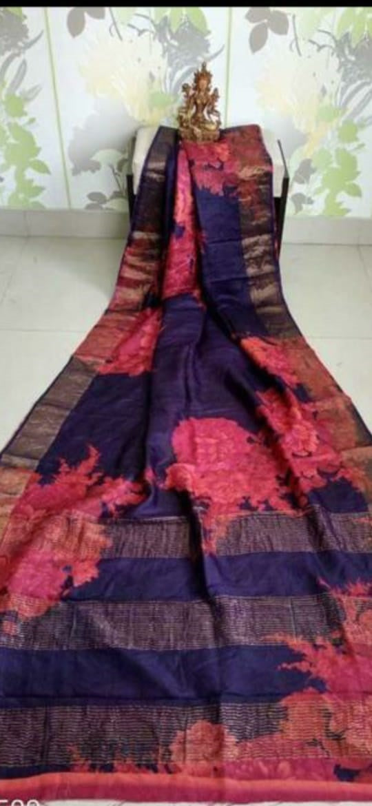 Violet Hand Printed Zari Border Pure Silk Mark Certified Tussar Silk Sarees