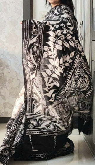 Black & White Hand Painted Pure Silk Mark Certified Bishnupuri Silk Sarees