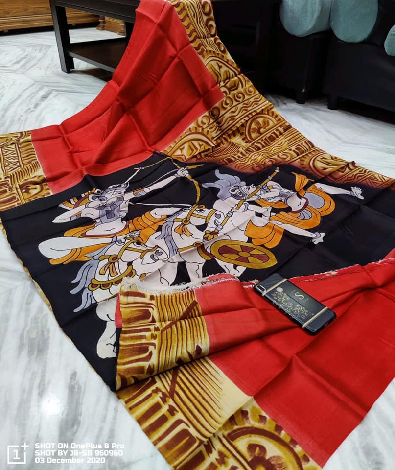 Red Hand Printed Pure Silk Mark Certified Bishnupuri Silk Sarees