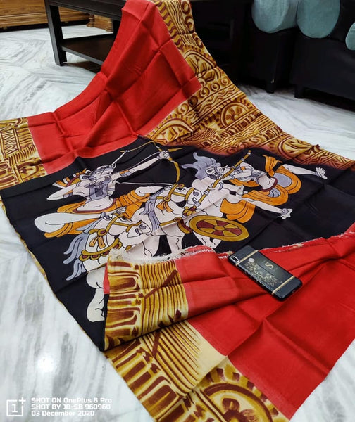 Red Hand Printed Pure Silk Mark Certified Bishnupuri Silk Sarees